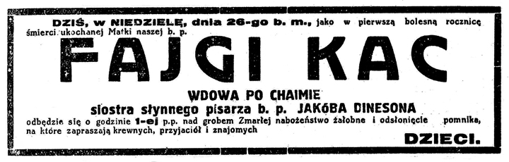 Headstone Unveiling Announcement for Fajga Kac, 1930